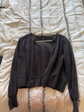 Ann Taylor Black Open-Front Cardigan with Stud Trim